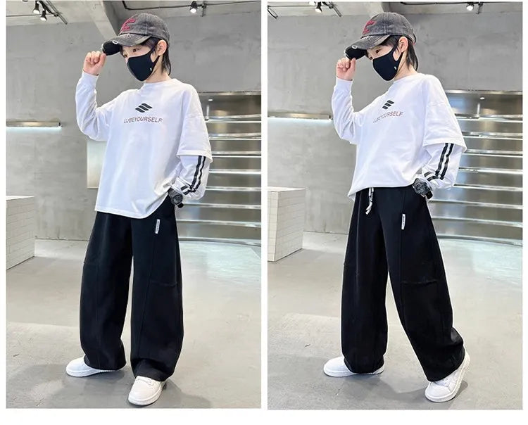 2026 New Spring Casual Kids Pants Black Elastic Waist Straight Leg Sweatpants for Boys Loose Pocket Children Trousers