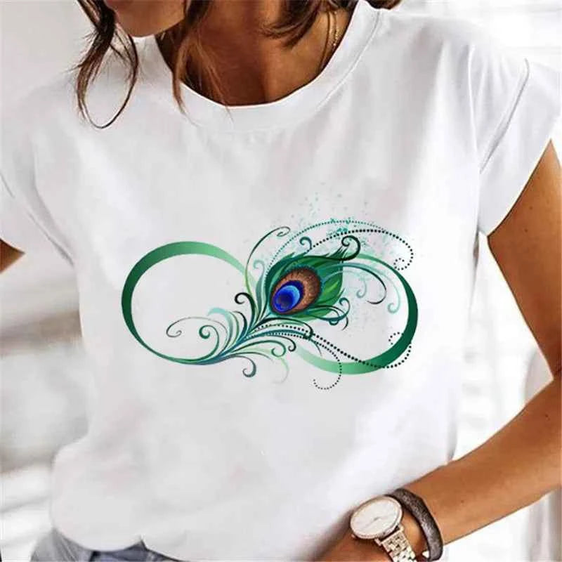 Women's Short-sleeved T-shirt Feather Fashion Print Instagram Base Shirt Women Clothes  Tops  Aesthetic Clothes Graphic T Shirts