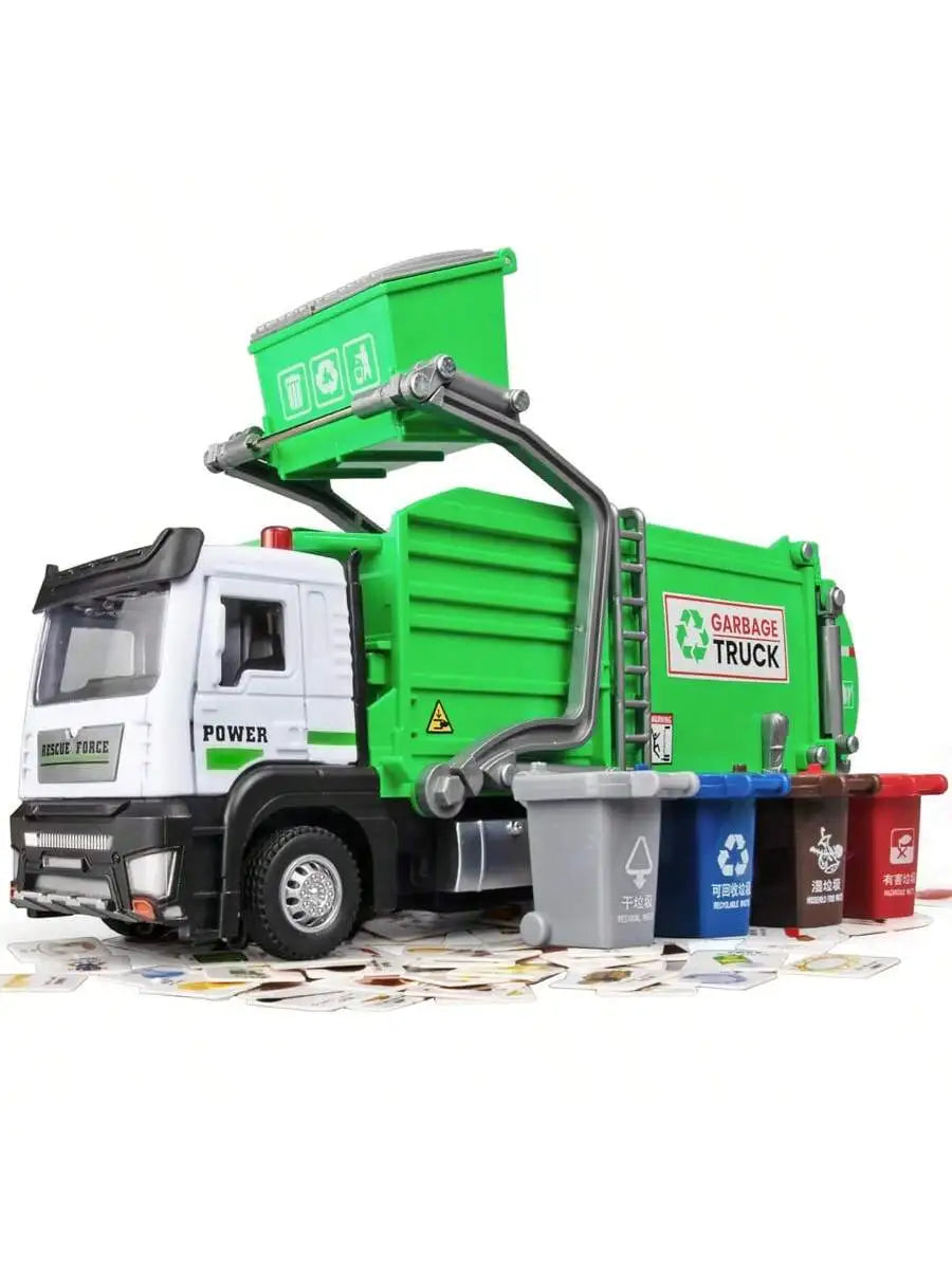 Realistic Garbage Truck Toy Set with Trash Can & STEM Learning Cards | 6+ Years Interactive Pull-Back Vehicle for Boys & Girls,