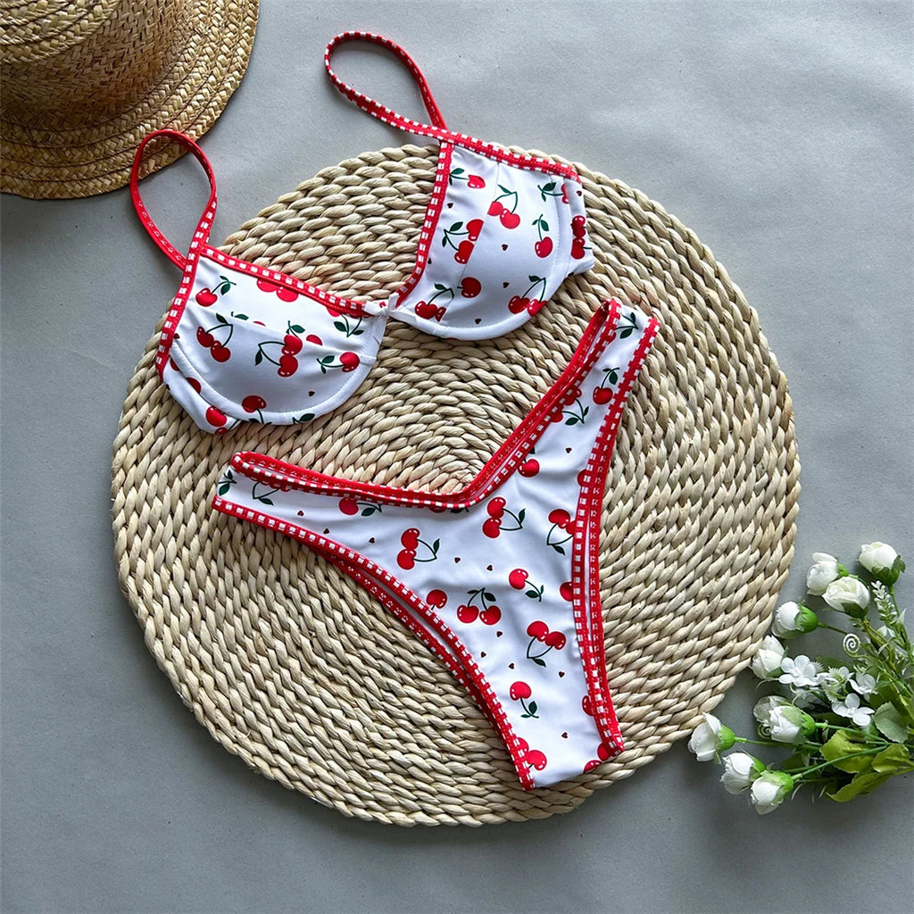 Cherry Printed Underwired Brazilian Bikini Women Swimwear Female Swimsuit Two-pieces Bikini set Bather Bathing Suit Swim K5913