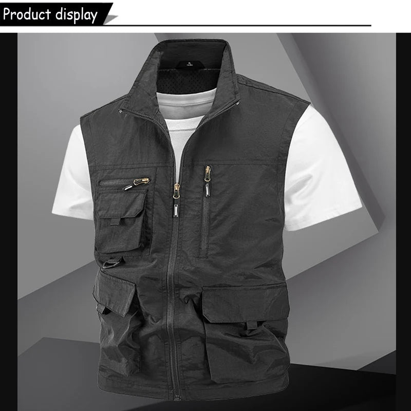 2024 Summer Men Sleeveless Fishing Tool Webbed Breathable Vest Men Many Pocket Outdoors Camping Thin Lightweight Loose Vest Male