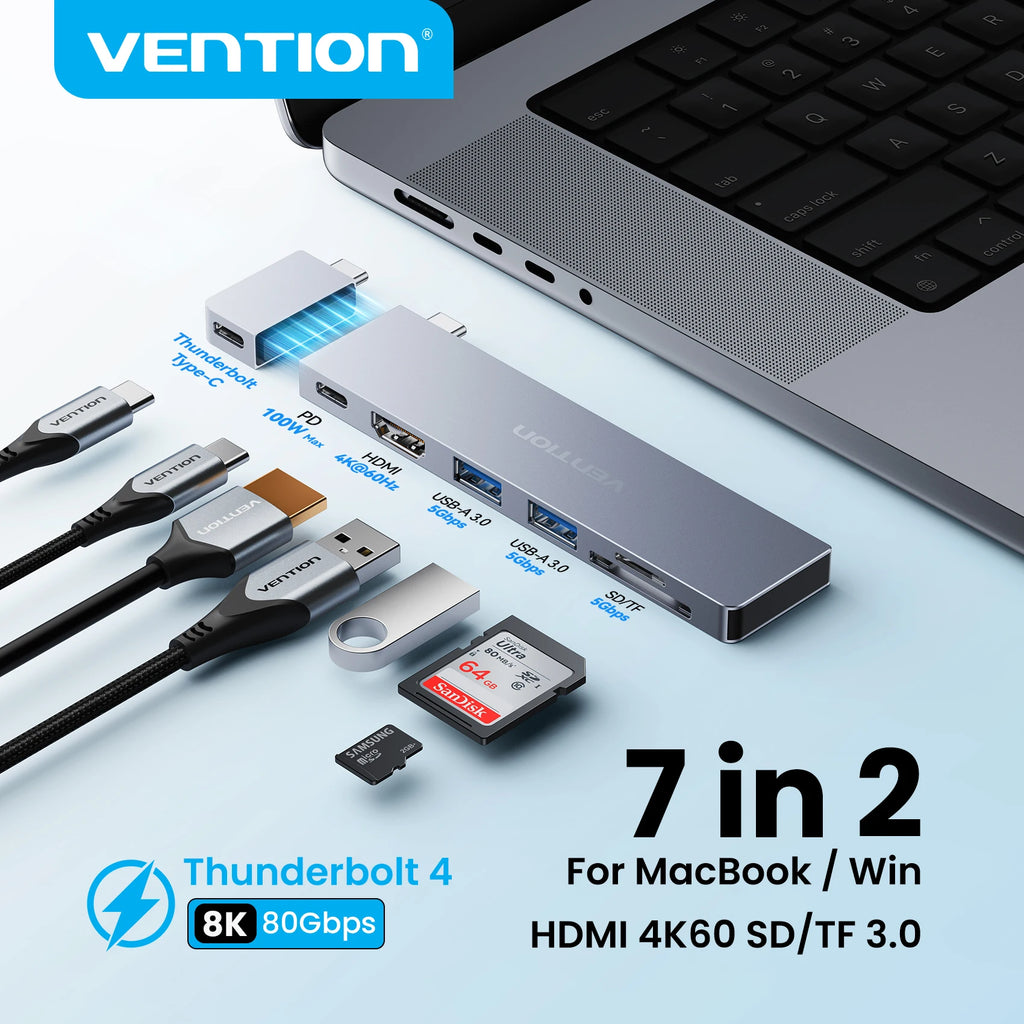Vention 7 in 2 USB C HUB Thunderbolt 4 80Gbps 8K for MacBook Pro Air USB 3.0 SD TF HDMI 4K60Hz Dock Station Splitter for Windows