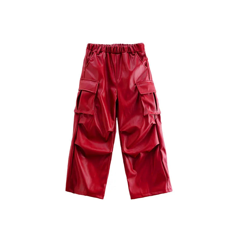 Kid Hip Hop Clothing T Shirt Crop Top Wine Red Arm Sleeve Faux Leather Casual Cargo Pants for Girl Jazz Dance Costumes Clothes