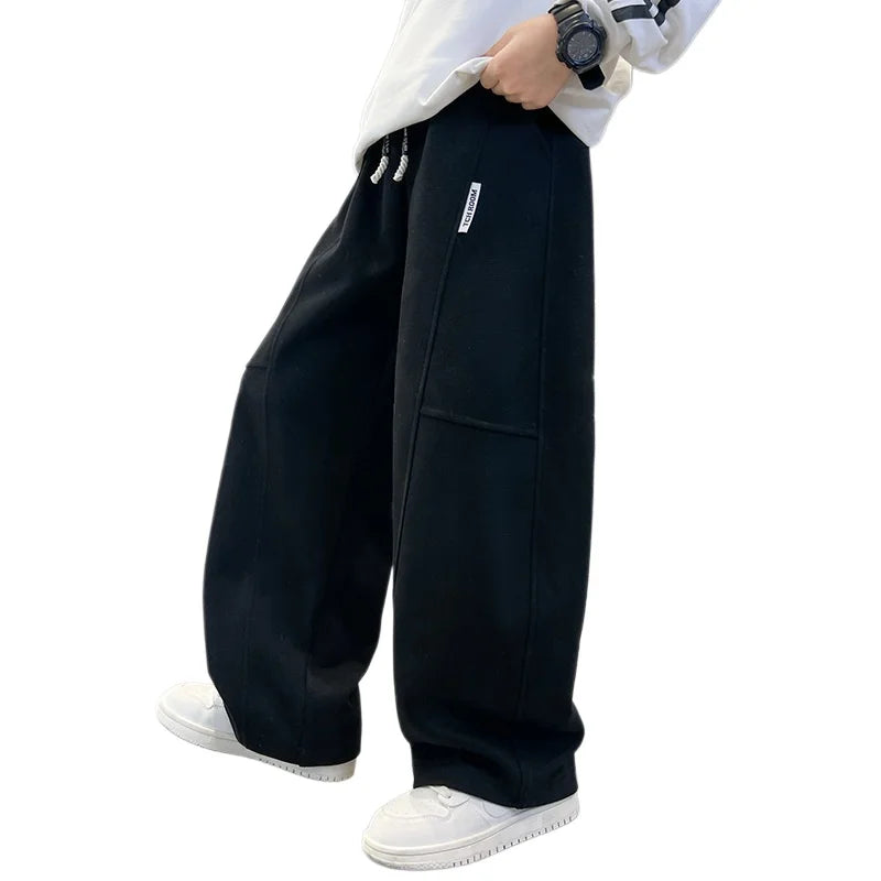 2026 New Spring Casual Kids Pants Black Elastic Waist Straight Leg Sweatpants for Boys Loose Pocket Children Trousers
