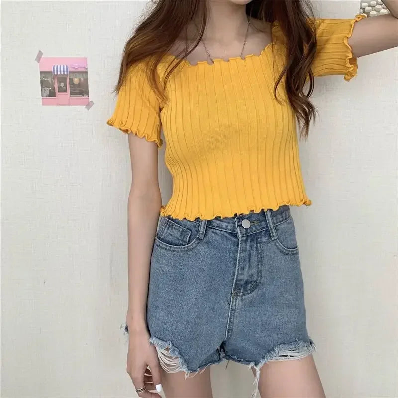 Off The Shoulder Top Women Knitted Sexy Short Sleeve Slim Fit T-Shirts Crop Top Y2k Top Summer Clothes Korean Casual Tees Female