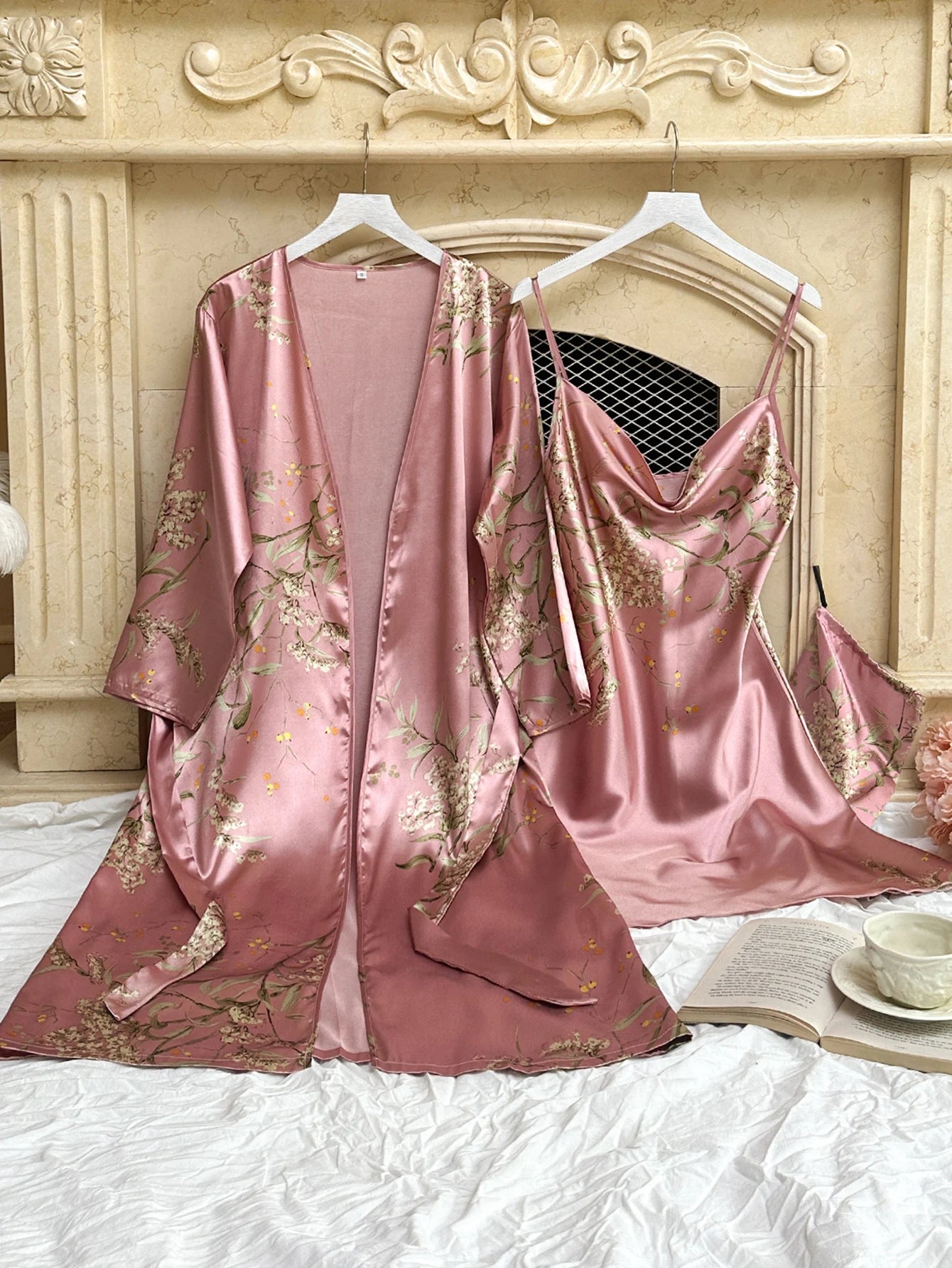 Floral Print Pajama Set Long Sleeve Robe With Belt   V Neck Slip Dress  Women's Sleepwear  Loungewear