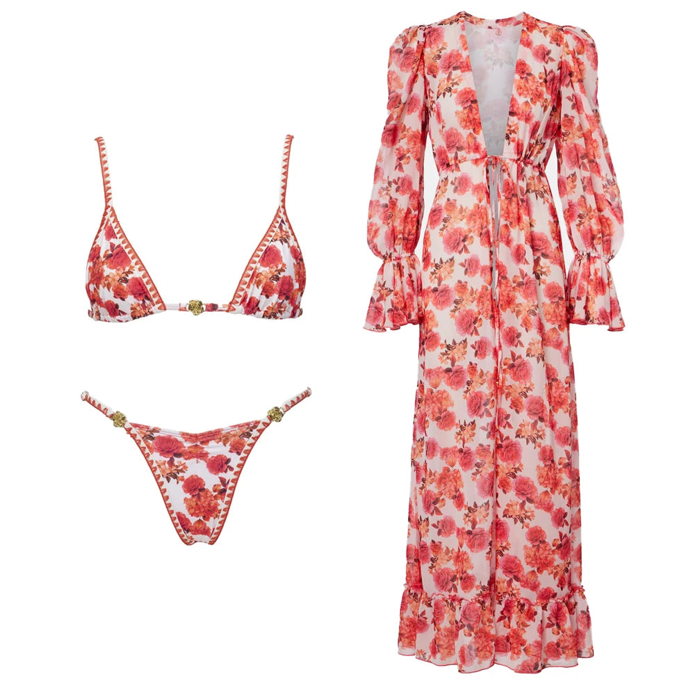 Print Bikini Swimsuit and Cover Up Bikini Set Women Sexy Lace Swimwear High Leg  Bathing Suit Beachwear Biquini