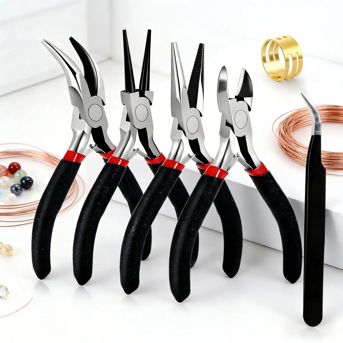 Complete Jewelry Making Tools Set: 4 Pliers (Bent Nose, Round Nose, Needle Nose, Side Cutter) + Tweezer for Jewelry Making, Wire