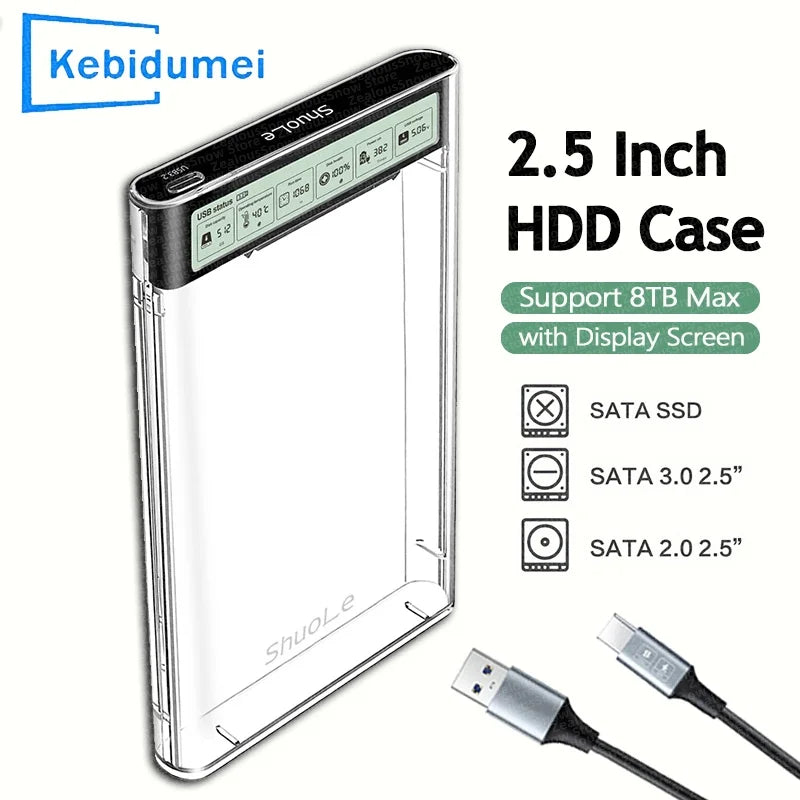 USB3.2 HDD Enclosure 2.5 inch HDD SSD External Hard Drive Case with Display Screen Clear Portable Storage Case for Laptop PC