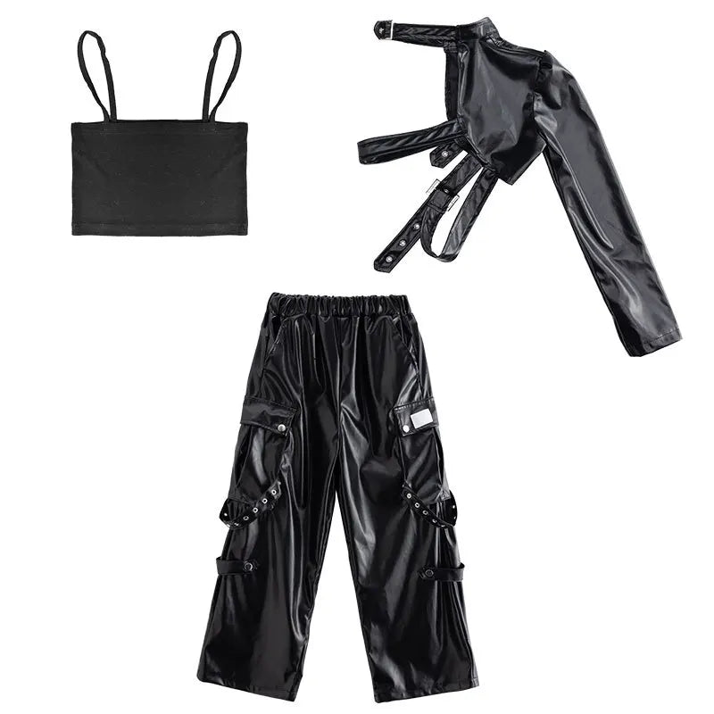 Kid Hip Hop Clothing T Shirt Crop Top Wine Red Arm Sleeve Faux Leather Casual Cargo Pants for Girl Jazz Dance Costumes Clothes