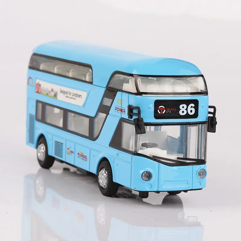 1/36 Scale Double Decker Bus Toy Car Model Alloy Diecast Sound Light Pull Back Doors Opened Vehicles Collectibles Birthday Gift