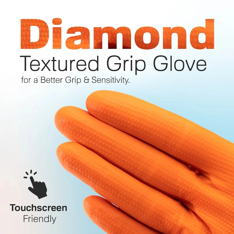 8Mil Super Duty Orange Nitrile Gloves Disposable Diamond Textured Safety Protective Work Gloves Auto Mechanic Industrial Gloves