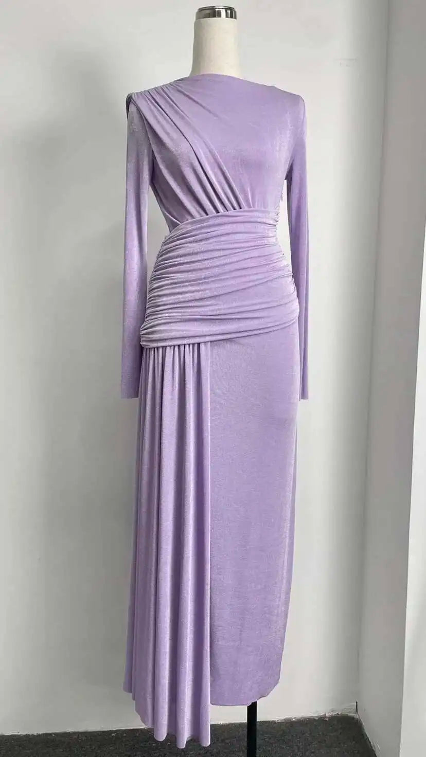QMQA Fashion Women's Asymmetric Pleated Elegant Dress Solid Color Long Sleeve High Waist Slimming Party Dresses 2025 New QM519