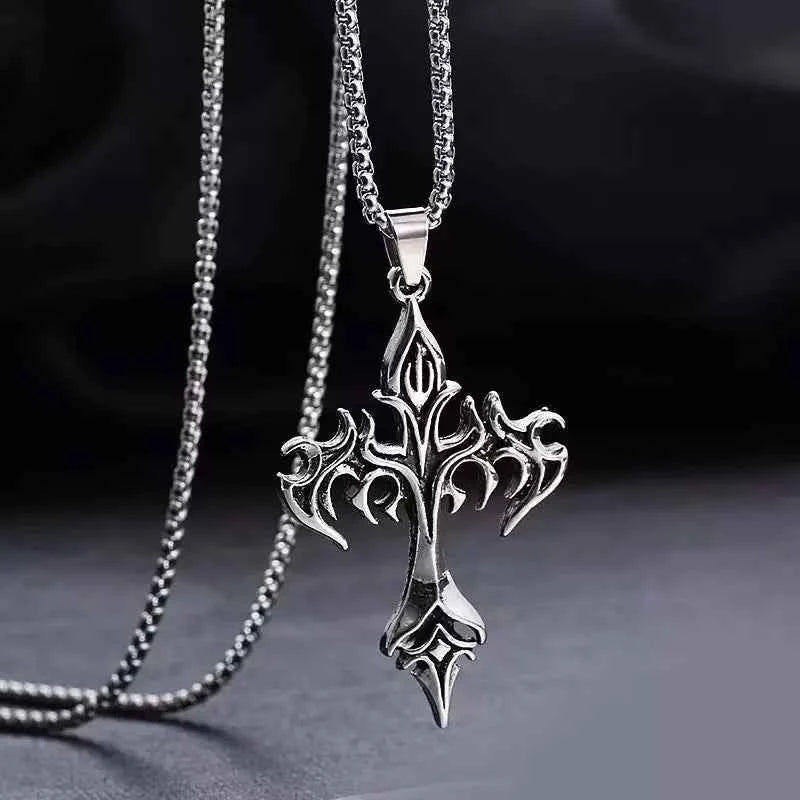 1PCS Fashion Retro Flame Cross Pendant Necklace Men's and Women's Long Chain Punk Gothic Fashion Accessories