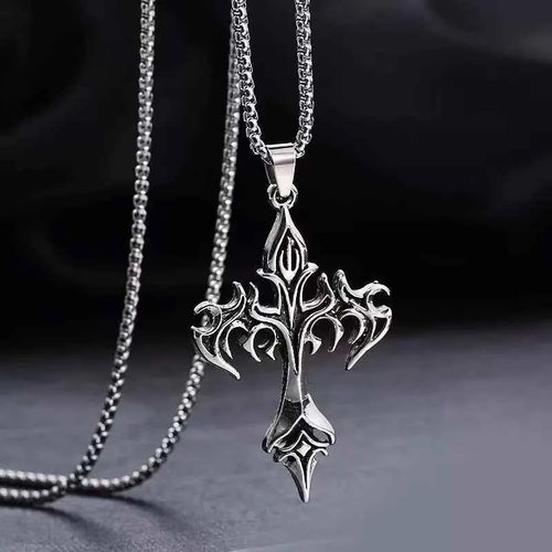 1PCS Fashion Retro Flame Cross Pendant Necklace Men's and Women's Long Chain Punk Gothic Fashion Accessories