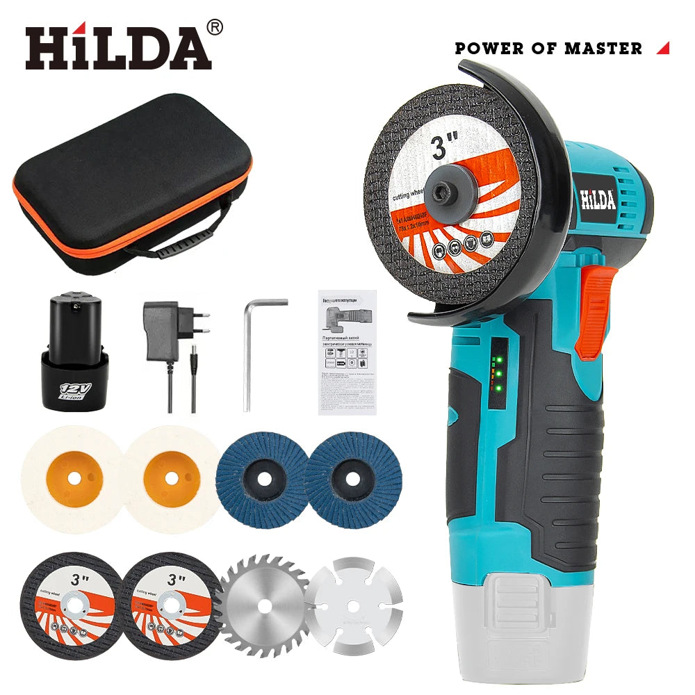 HILDA 3 inch 12V Miniature Rechargeable Angle Grinder with Battery Cutting Blade Polishing Grinder for Cutting Diamond Cordless