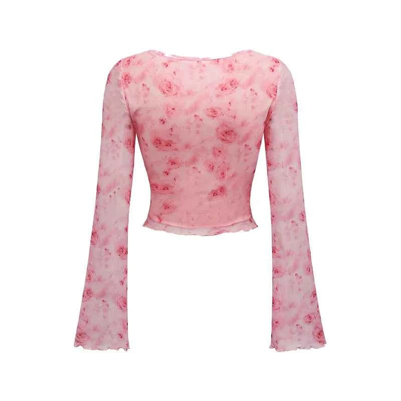 Women's T-Shirt Floral Printed Sweet V-Neck Mesh Summer Vacation Swimsuit Top Flare Long Sleeve Bow Tie Lace Up Woman Clothing