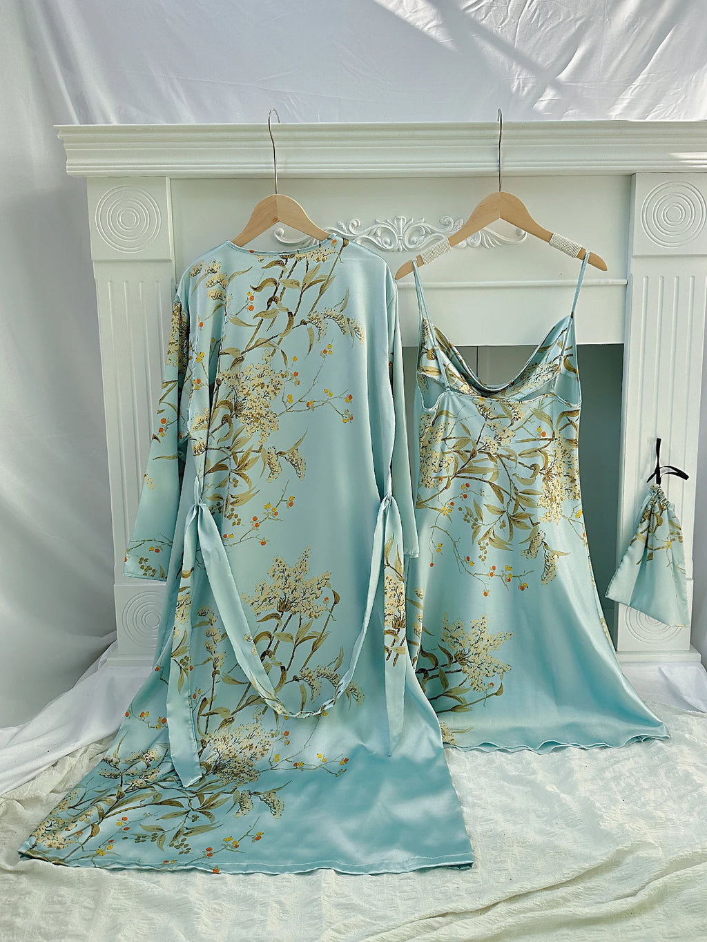 Floral Print Pajama Set Long Sleeve Robe With Belt   V Neck Slip Dress  Women's Sleepwear  Loungewear