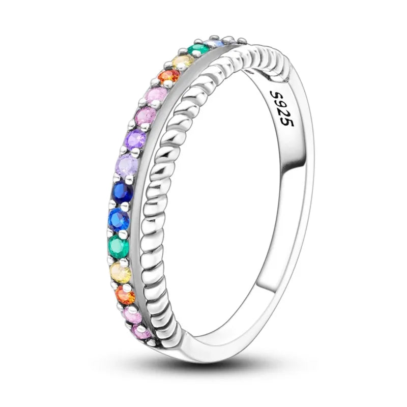 MISEFF Real 925 Sterling Silver Double Rings Simple Color Zircon Rings For Wedding Engagement Birthday Silver Jewelry Gift