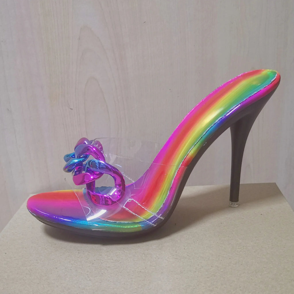 2022 New Diamond Chain Women Pumps Slippers Thin High Heels Party Shoes Fashion Solid Color Summer Dress Sandals Shallow Mouth