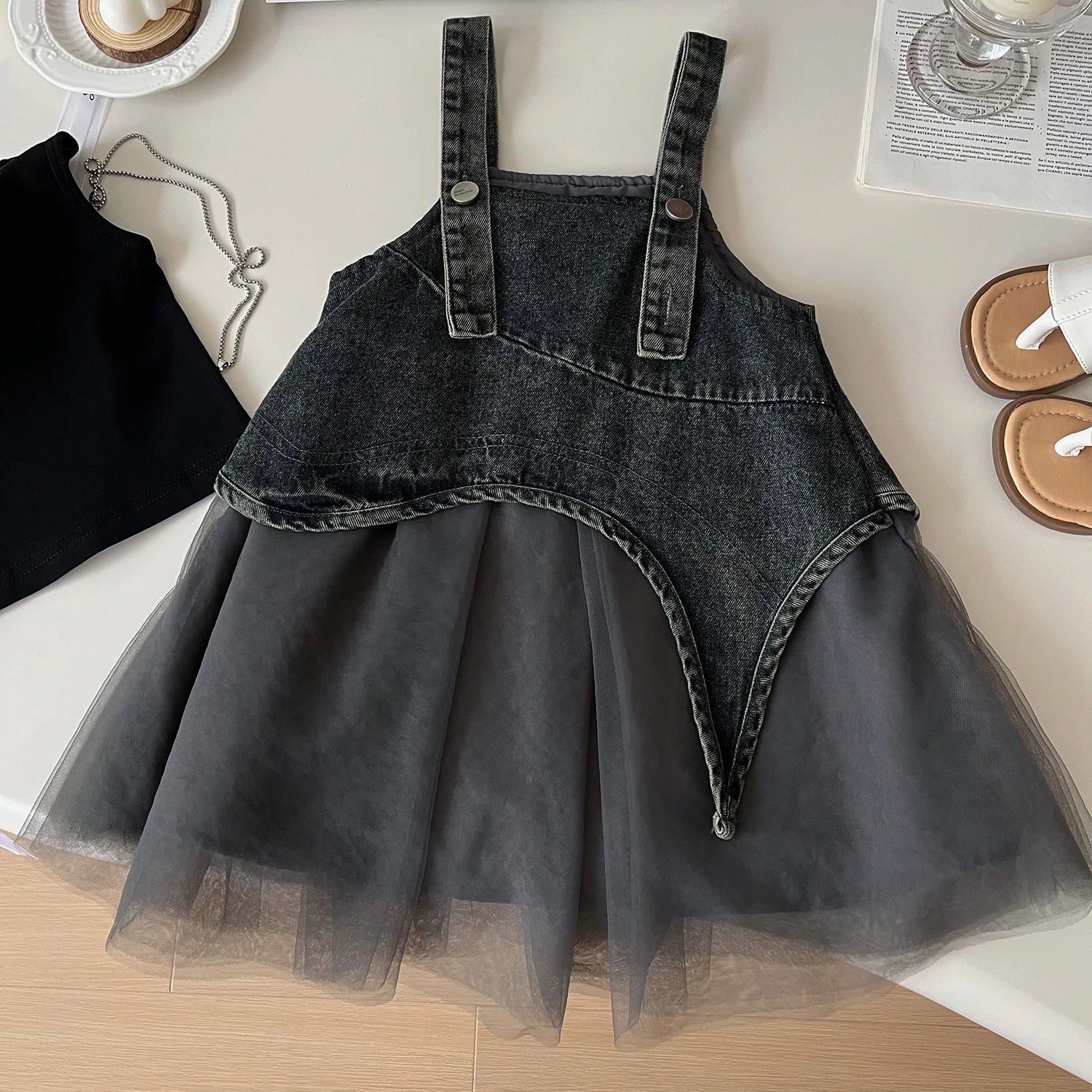 Summer Girls Clothes Sets Sleeveless T-shirt+Denim Mesh Dress Korean Kids Clothing Children Casual Clothes Suits 2 3 4 5 6 7Yrs