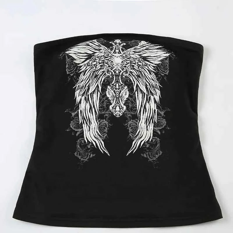 Gothic Print Black Strapless Tube Top Women Skinny Cropped Summer Casual Chic Graphic Tee Y2K Streetwear Basic Vest