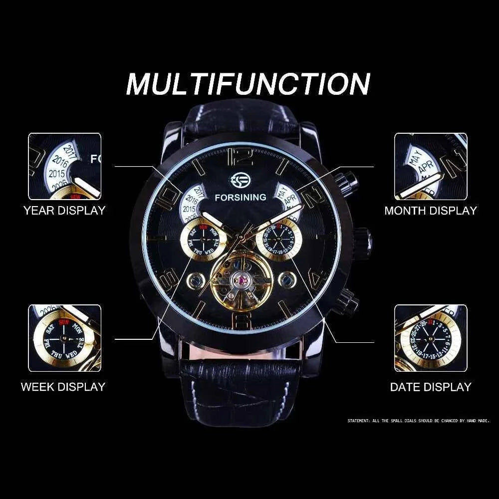 Forsining Top Brand Luxury Tourbillion Mens Automatic Mechanical Watches Fashion Wave Black Golden Clock Multi Function Display