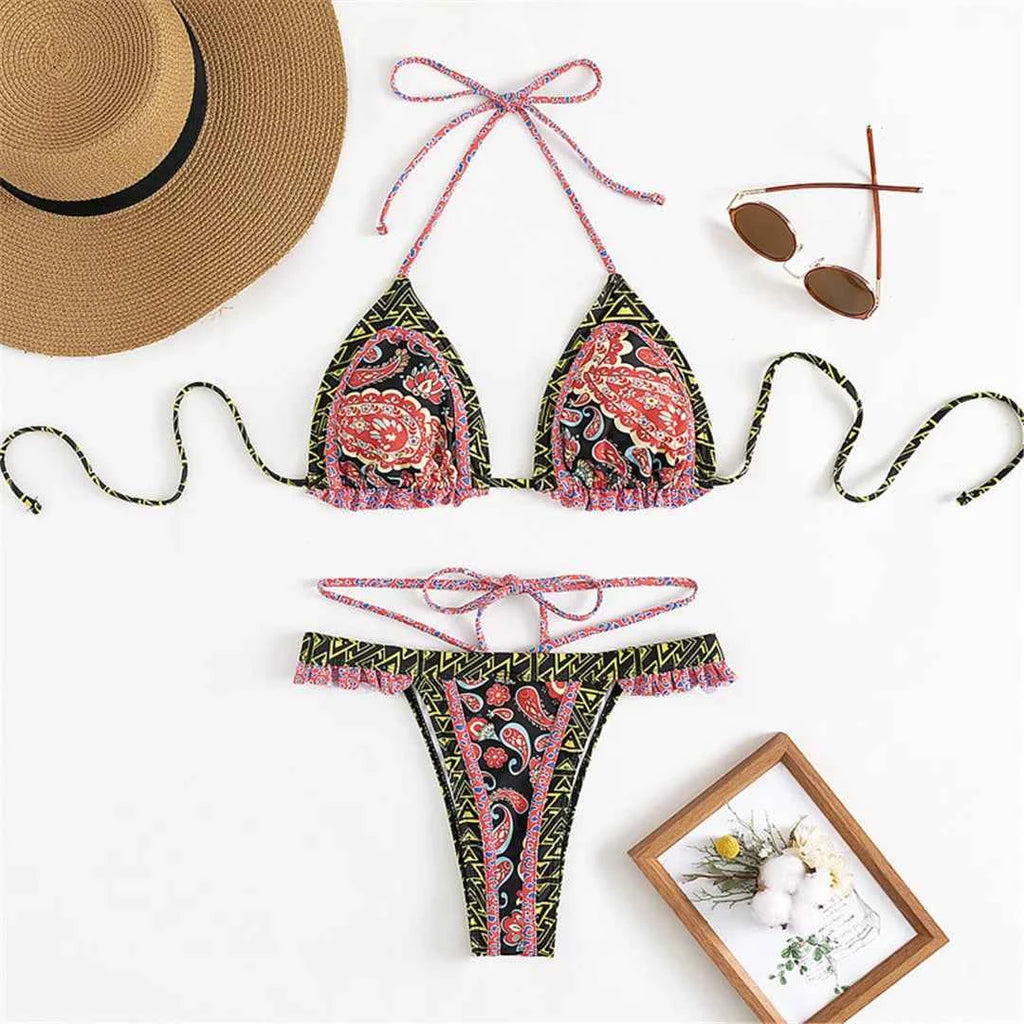 5 Colors Sexy Printed Halter Frilled Bikini Women Swimwear Female Swimsuit Two-pieces Bikini set Bather Bathing Suit Swim V4651