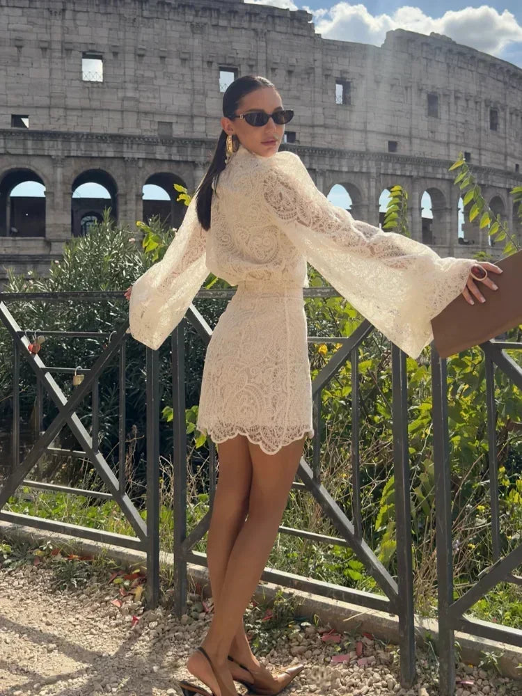 White Lace Dresses Elegant Solid Flared Sleeve High Neck Slim Pleat Mini Women Dress 2026 New Fashion Club Evening  Party Robes