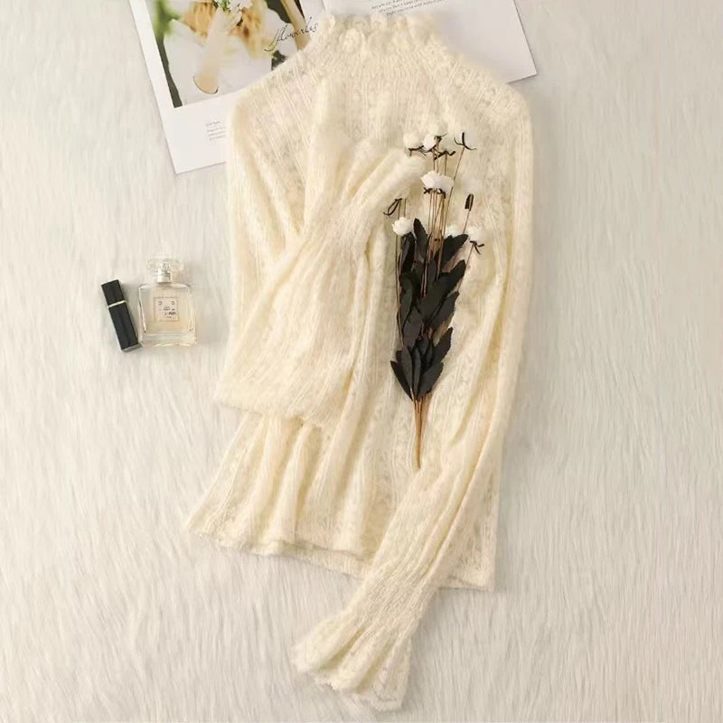 Lace Half Turtleneck Knitted Sweater Women Fall Winter Thick Warm Long Sleeve Pullover Korean Chic Slim Hollow Out Jumper New