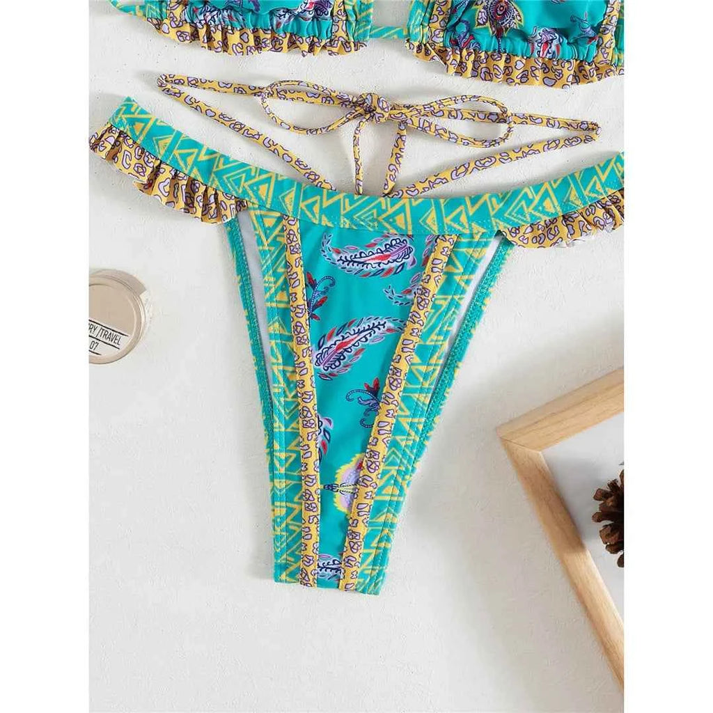 5 Colors Sexy Printed Halter Frilled Bikini Women Swimwear Female Swimsuit Two-pieces Bikini set Bather Bathing Suit Swim V4651