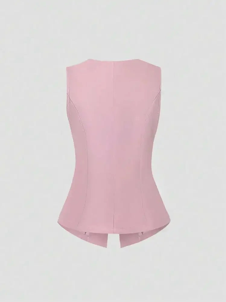 Fashionable Little Fragrance Style Women's Sleeveless round Neck Vest Waist-Cinching Pure Color Cross-Border Women's Jacket