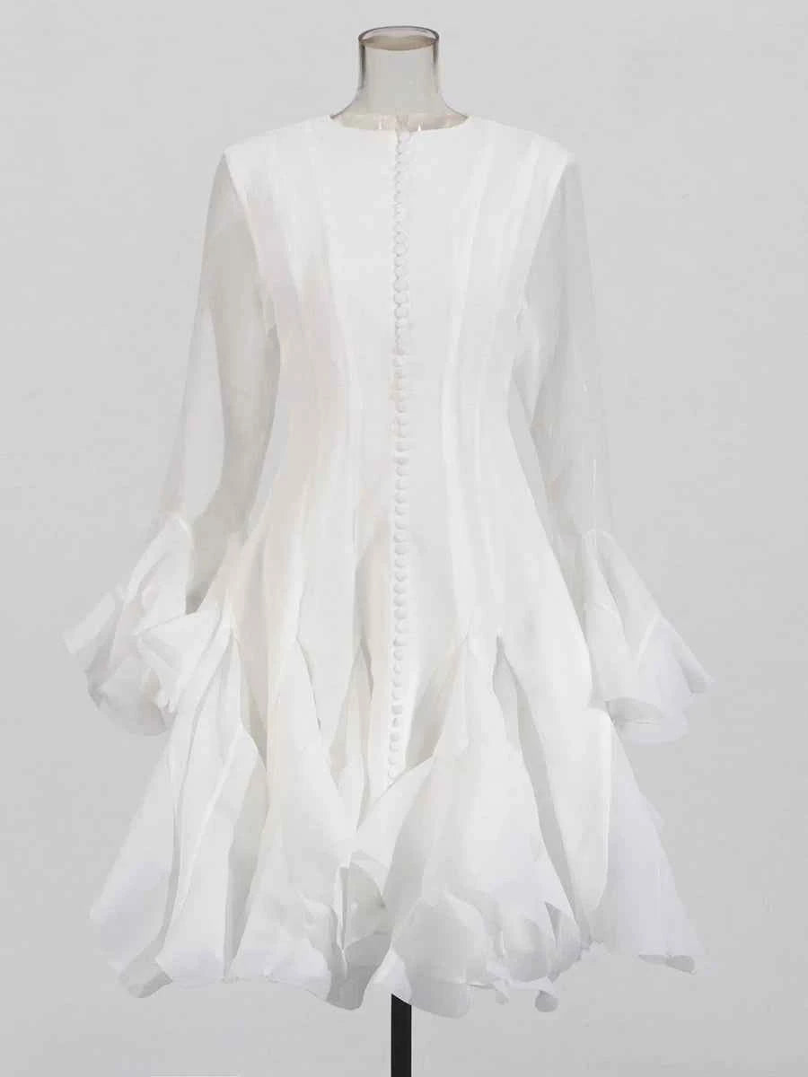 TWOTWINSTYLE Solid Spliced Button Slimming Dresses For Women O Neck Long Sleeve High Waist Patchwork Ruffles Female Fashion New