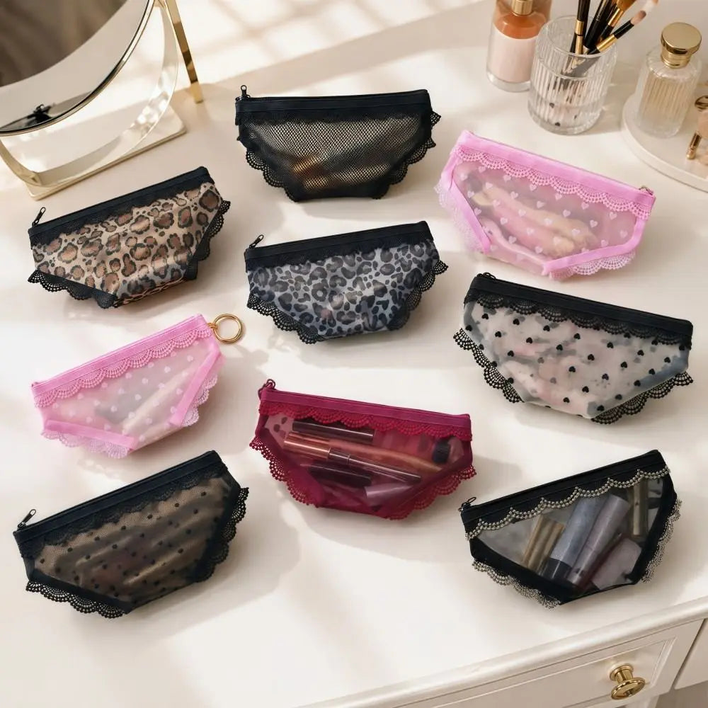 New Briefs Shape Cosmetic Bag Mesh Lace Heart Makeup Storage Pouch Y2K Transparent Toiletry Bag Storage for Travel