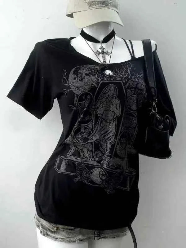 Vintage Gothic Prints Black T-Shirt Women Y2K Harajuku Fashion Punk Off-shoulder Sling Sexy Slim Summer Casual Trendy Top