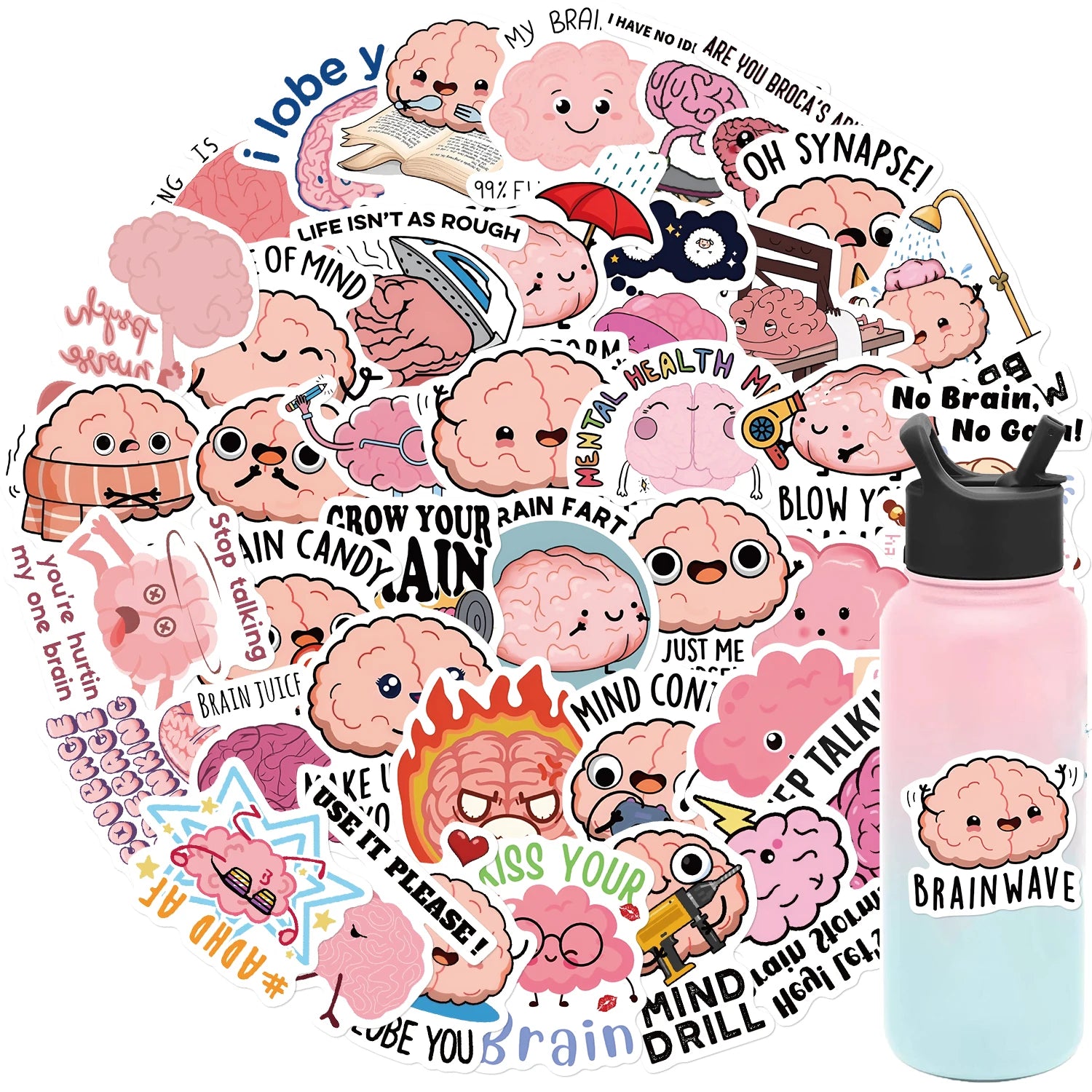 50PCS Funny Brain Pink Stickers DIY Diary Laptop Luggage Skateboard Graffiti Decal Fun Children’s Classic Toy