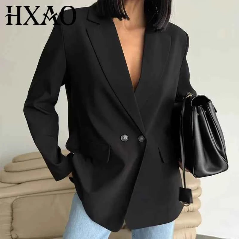 HXAO Blazer Women Double Breasted Pocket Women's Jacket 2025 Long Sleeve Casual Blazers Woman Chic Office Wear Ladies Coat