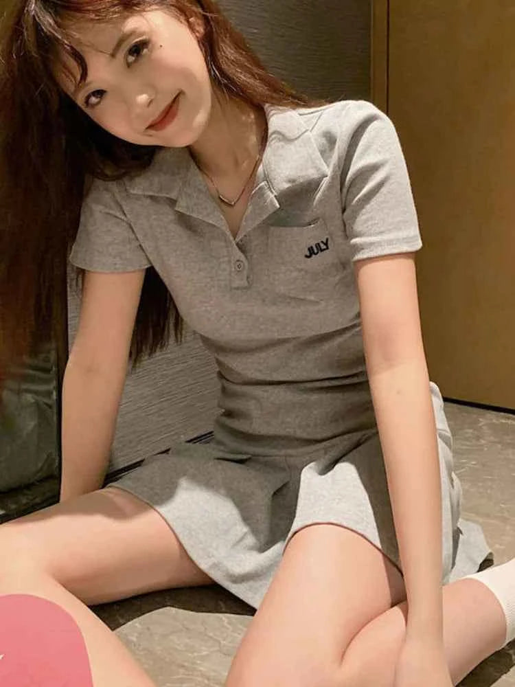 Pleated Dresses Women Sporty Minimalist Summer Female Turn-down Collar New Korean Style Casual Hotsweet Empire Fashion Harajuku