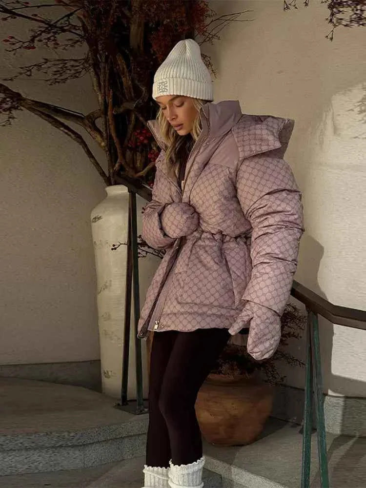 Printed Female Winter Cotton Quilted Jacket Hooded Thicken Zipper Single Breasted Long Sleeve 2025 New Casual Coat Loose Outwear