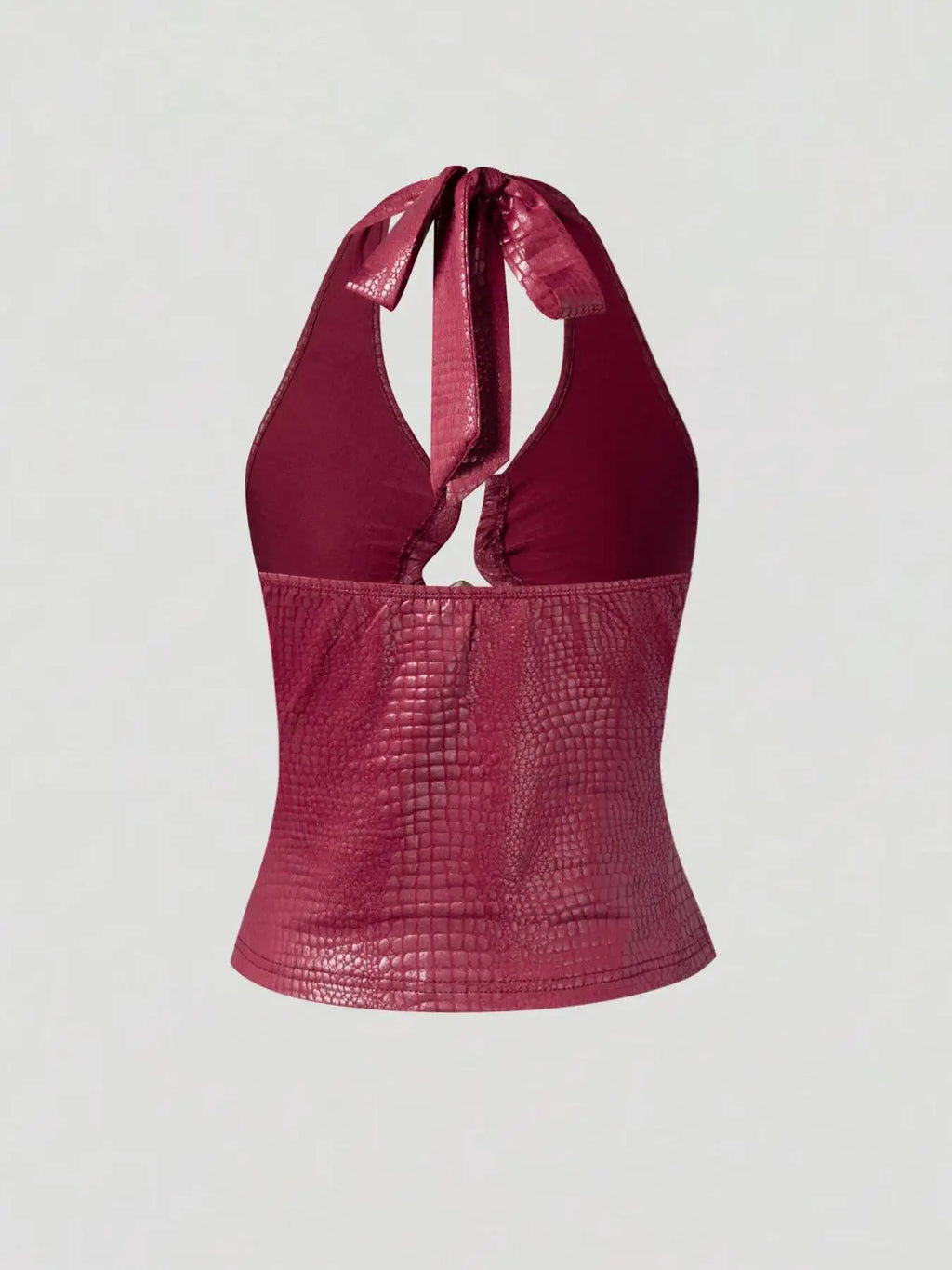 Women's Halter Neck Tank Top Burgundy Croc Embossed Metal Ring Cutout Sleeveless Sexy Top Spring Summer Club Party Crop Top