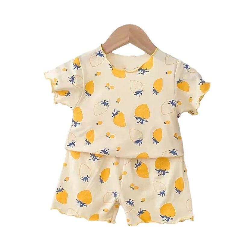 Baby Girl Strawberry Pajamas Set Summer Short Sleeve Thin Two Piece Toddler Kids Sleepwear Infant Home Wear Clothes