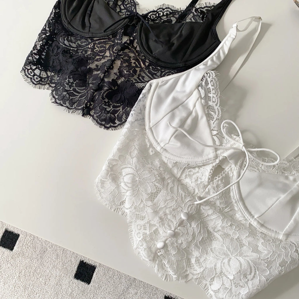 Summer Lace Hollow out ort Design Sensual Pure Desire Sexy Top Women's Strapl Crop Vest Tulle Me Brtte Outfit