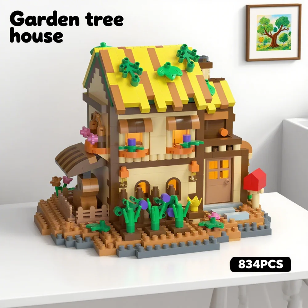 Creative street view building model building blocks forest tree house puzzle windmill tree house decoration toys