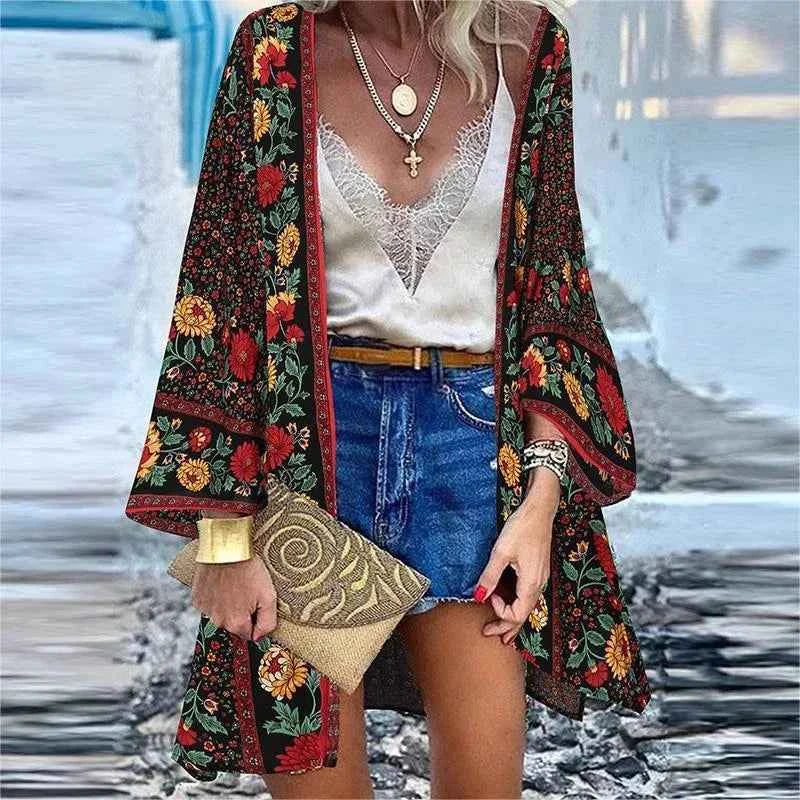 New Summer Bohemian Beach Printed Cardigan Jacket Long Sleeve Leisure Holiday Beach Swimsuit Blouse Shawl Long Coat M-5XL