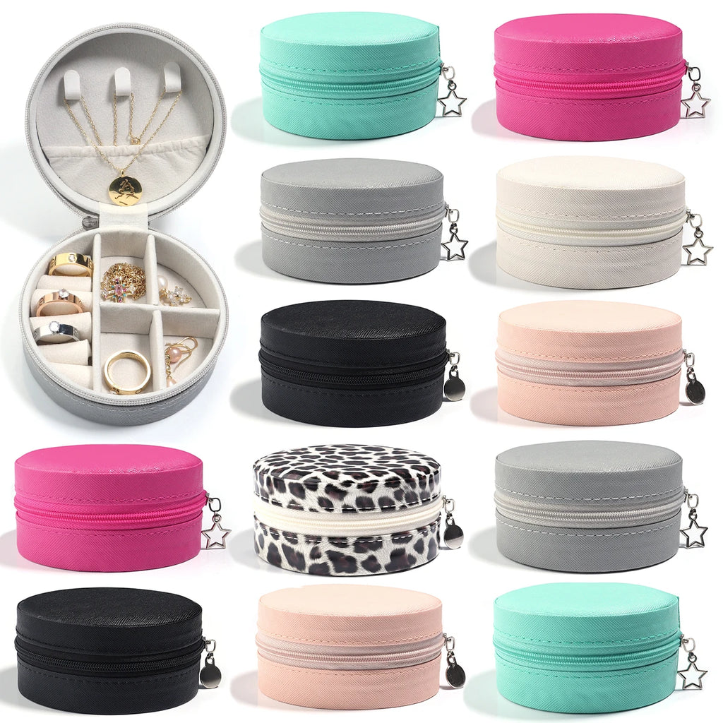1 Pc PU Leather Jewelry Box Round Jewelry Organizer Case Multicolor Portable Necklace Earrings Rings Display Mini Storage Box