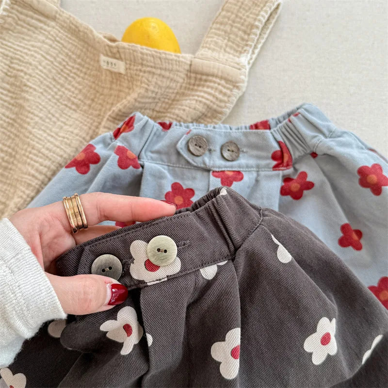 2026 Spring New Children Casual Pants Fashion Flower Print Girls Harem Pants Cotton Kids Loose Trousers Boys Cute Baby Clothes