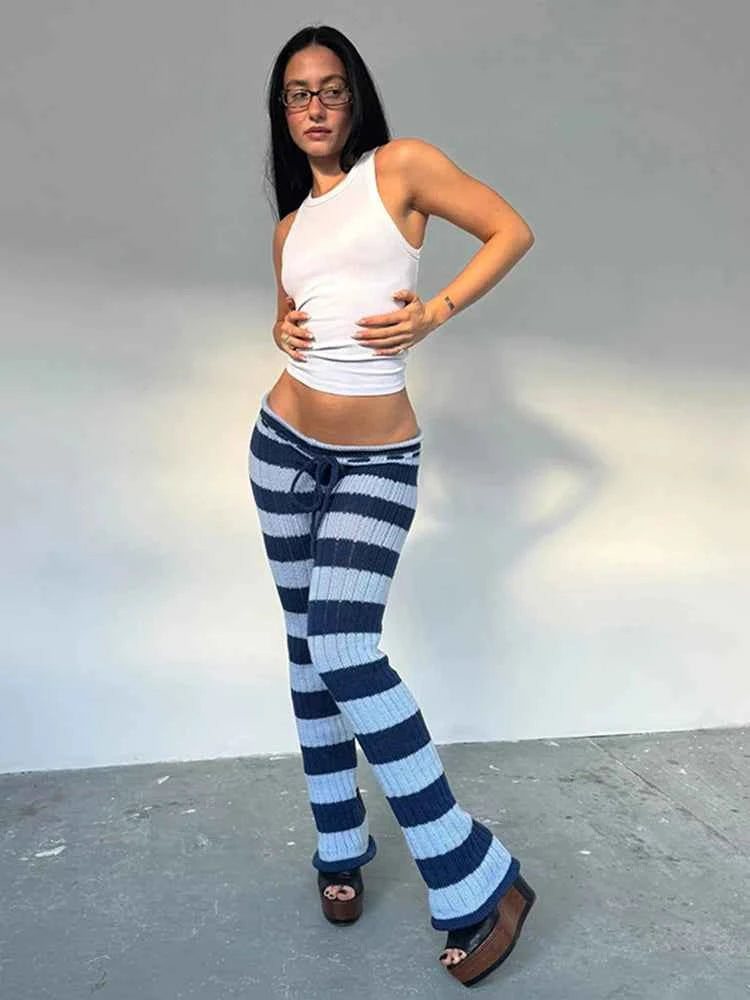 Kliou Stripe Patchwork Long Pants Woman Autumn Trend Crochet Shirring Elastic High Waist Skinny Peach Hip Street Style Bottoms