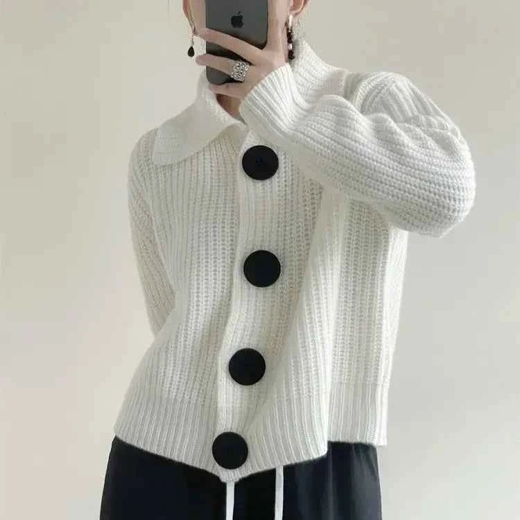Temperament Fashion Sping Autumn New Sweaters Coats New Women Solid Lapel Button Korean Casual Long Sleeve Cardigan Knitted Tops