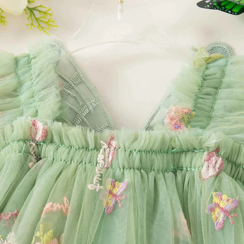 Summer New Girls' Dress Halter Small Flying Sleeve Embroidery Pattern Wings Sweet Princess Dress Mesh Princess Dress