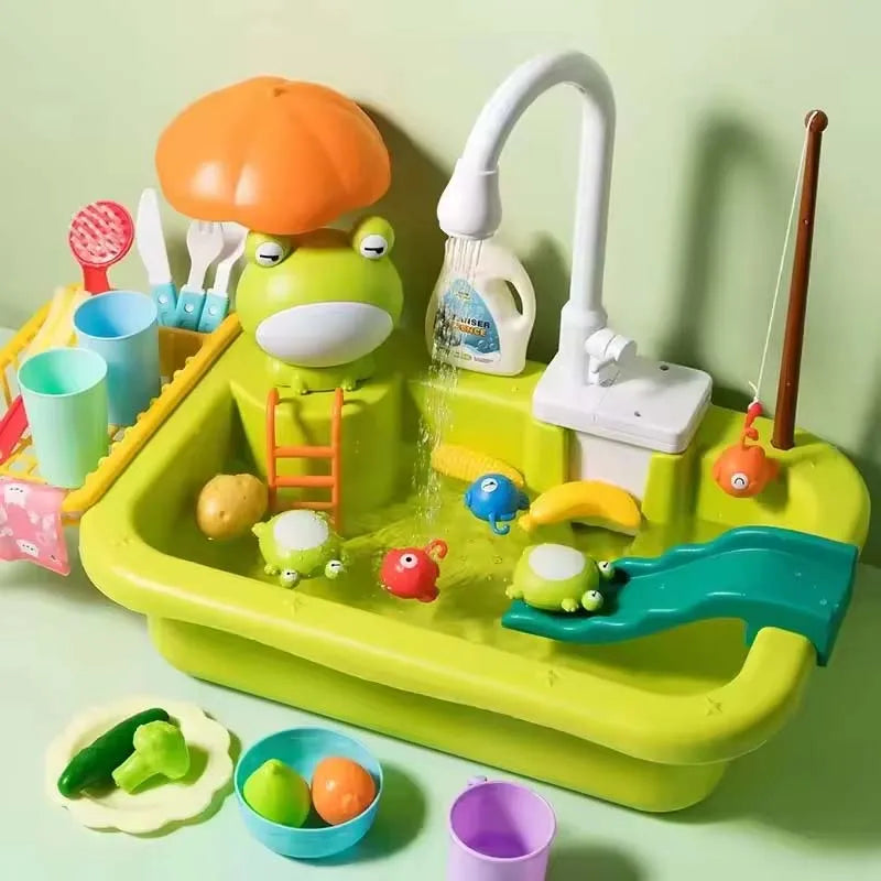 Kids Kitchen Sink Duck Toy Electric Dishwasher Play Set With Running Water Pretend Food Fisher Role Play Gift For Girls And Boys